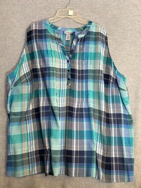 CATHERINES Trendy Teal Plaid V Neck Oversized Relaxed Fit Summer Shirt